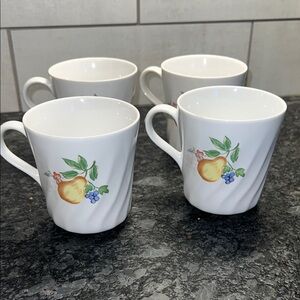 Set of 4 Corelle Coordinates Elegant White Mugs with Fruit Design. Chutney